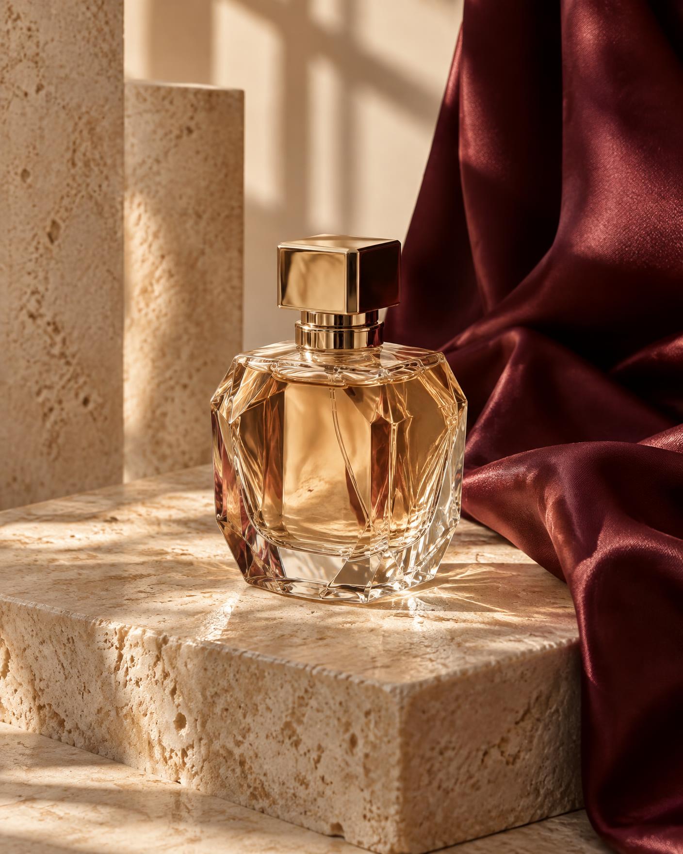 ELIXA perfume bottle on travertine with burgundy silk